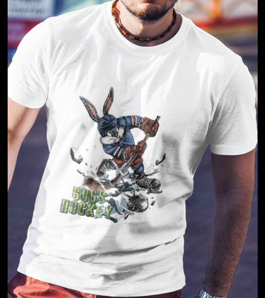 Bugs Hockey Cartoon Bunny Cracking Ice Puck Shot Distressed T-Shirt
