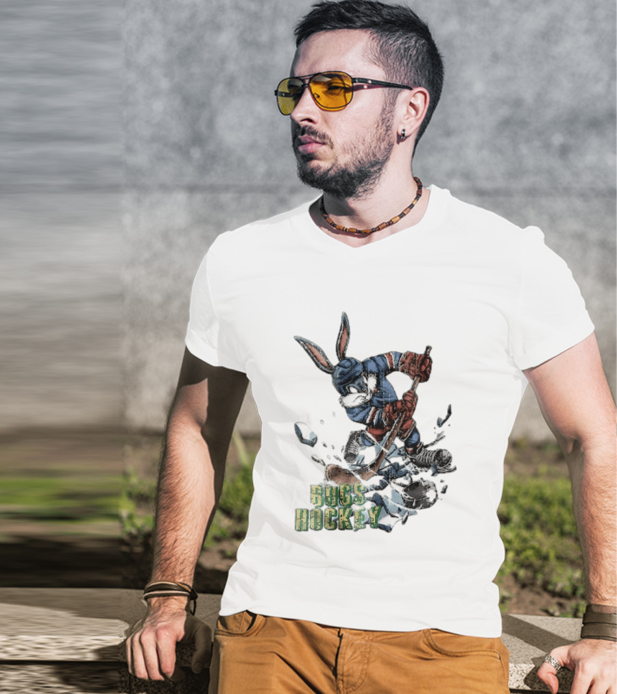 Bugs Hockey Cartoon Bunny Cracking Ice Puck Shot Distressed T-Shirt