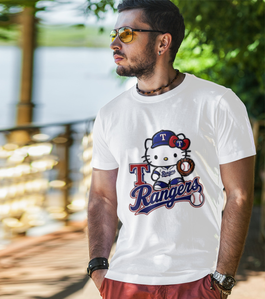 Hello Kitty Texas Rangers Baseball 2026 MLB Rangers Logo With Baseball Glove And Cap T-Shirt