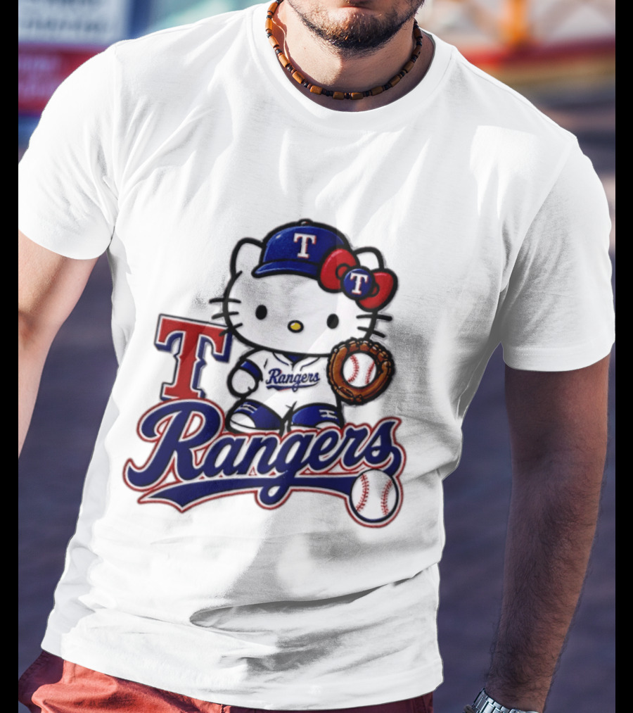 Hello Kitty Texas Rangers Baseball 2026 MLB Rangers Logo With Baseball Glove And Cap T-Shirt