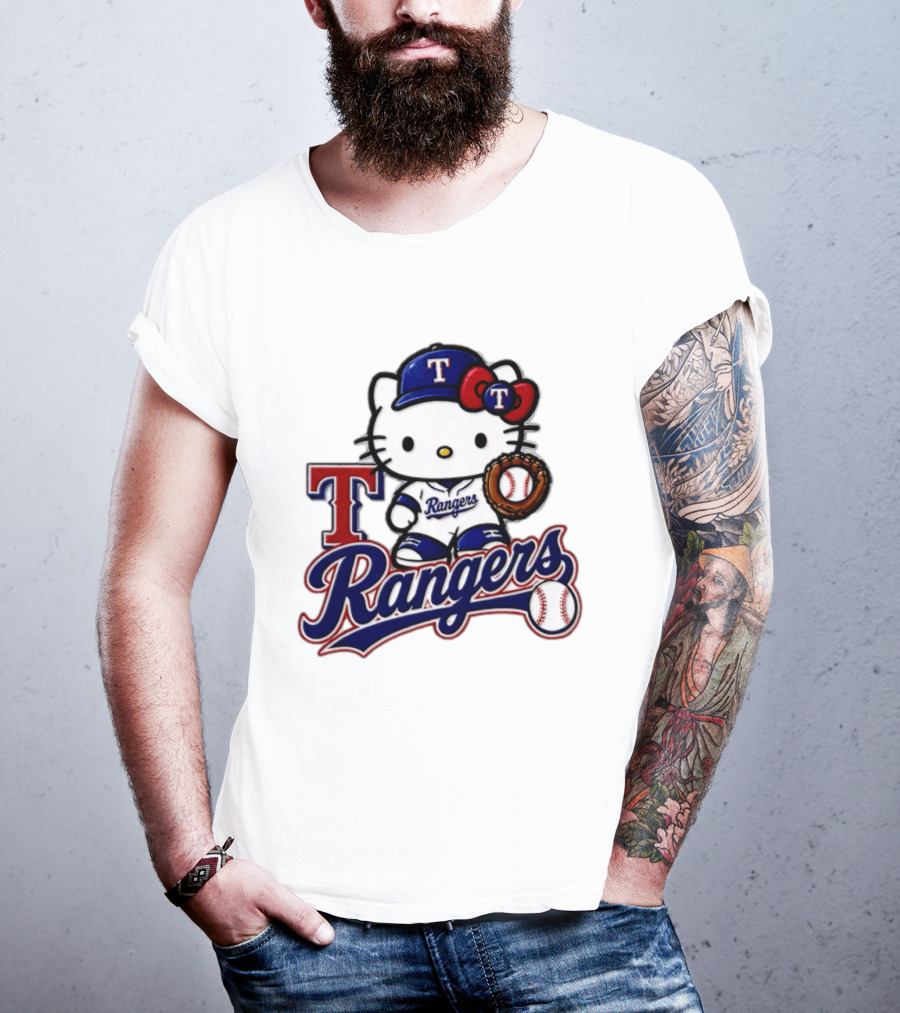Hello Kitty Texas Rangers Baseball 2026 MLB Rangers Logo With Baseball Glove And Cap T-Shirt