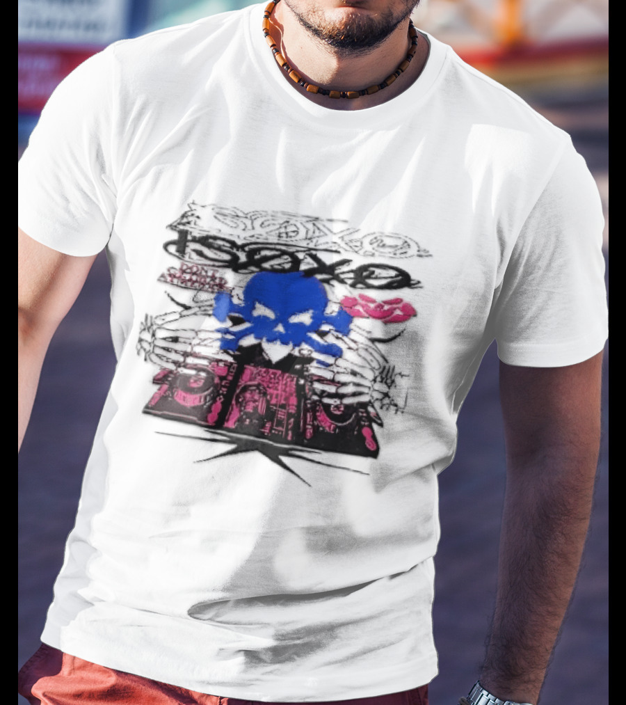 Isoxo Dont Get Mad Aim Back Blue Skull Skeleton Hands Dj Turntables T-Shirt