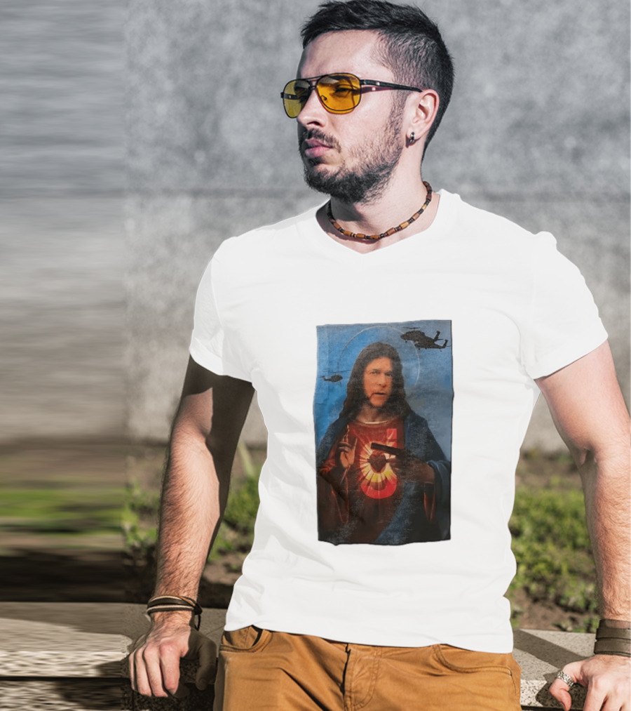 Jesus With Handgun And Military Helicopters Halo T-Shirt