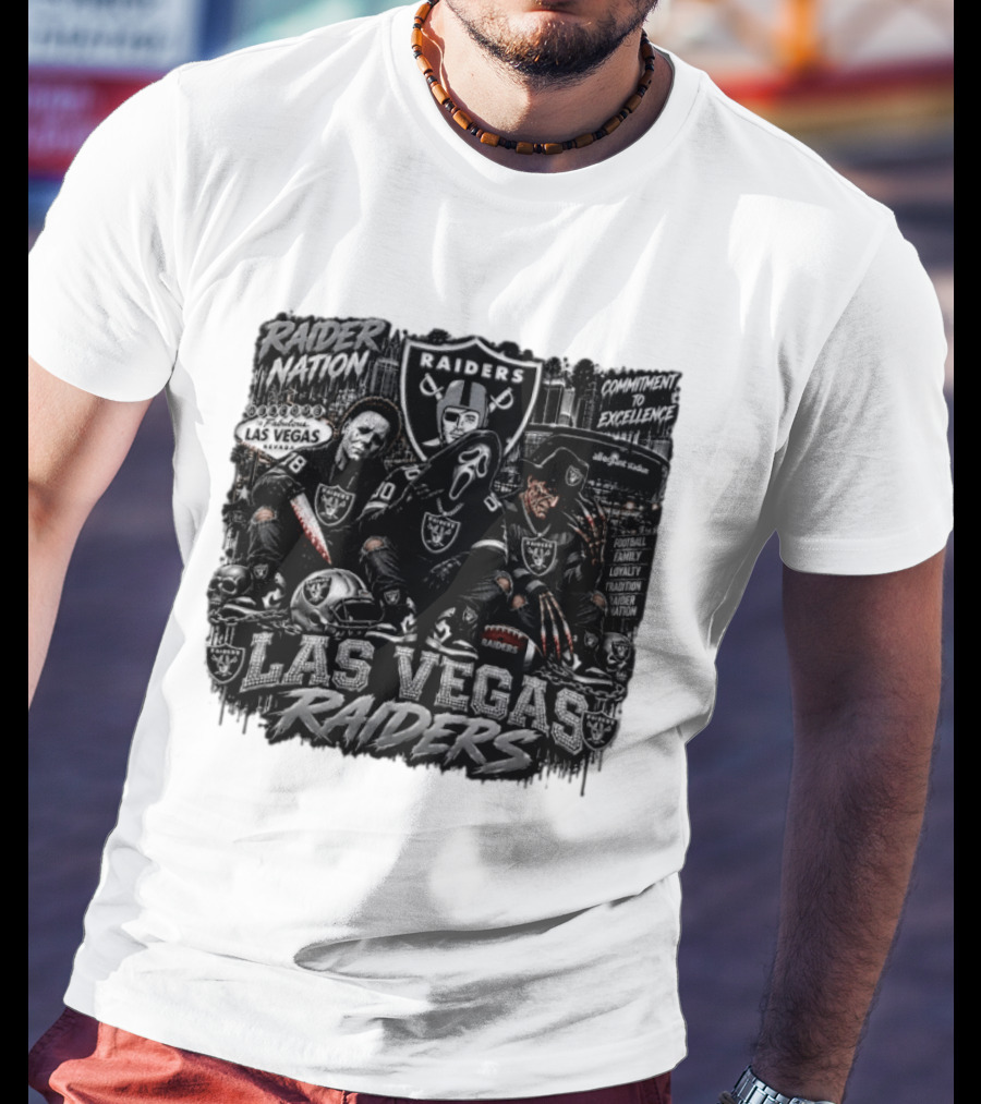 Raider Nation Las Vegas Raiders Michael Myers Ghostface Freddy Krueger Commitment To Excellence Halloween Allegiant Stadium T-Shirt