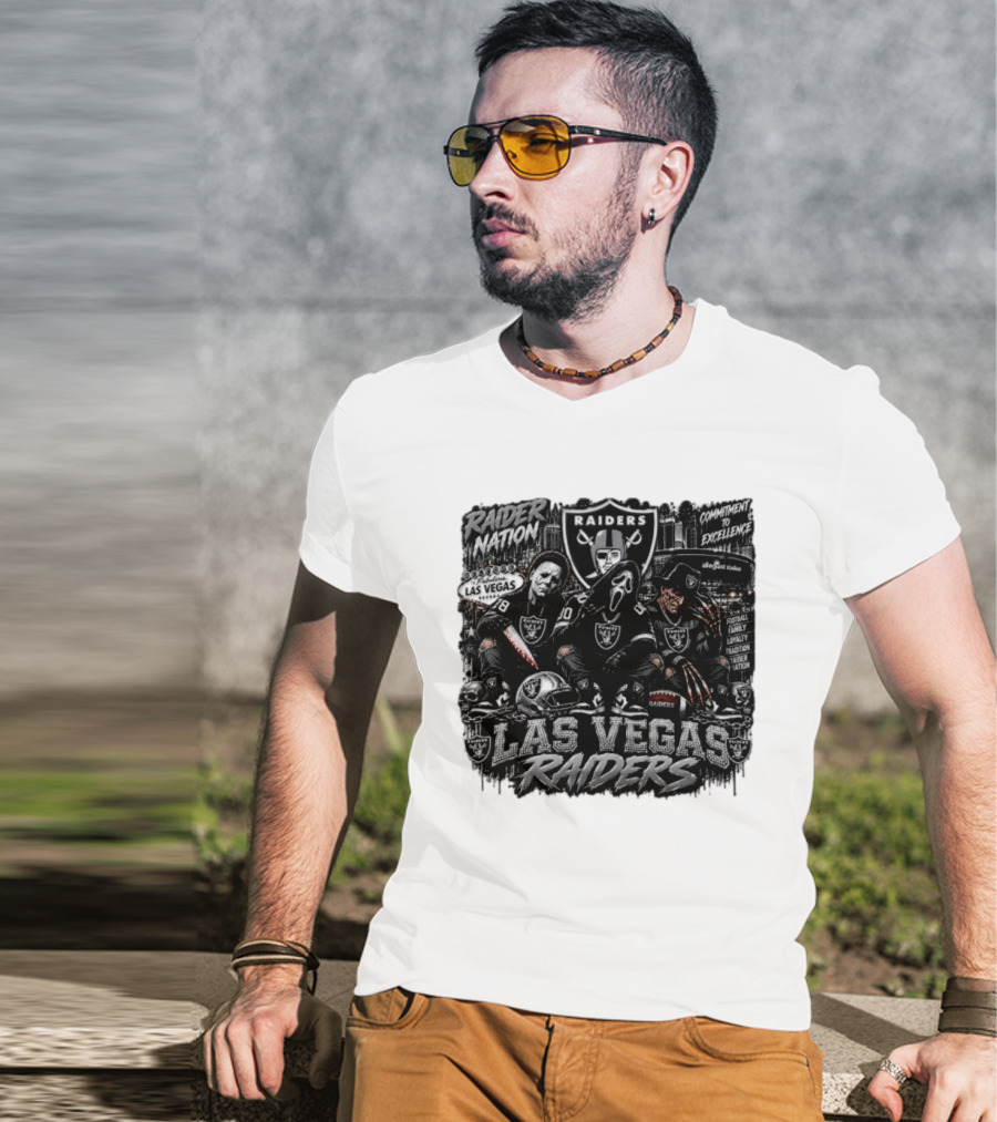 Raider Nation Las Vegas Raiders Michael Myers Ghostface Freddy Krueger Commitment To Excellence Halloween Allegiant Stadium T-Shirt