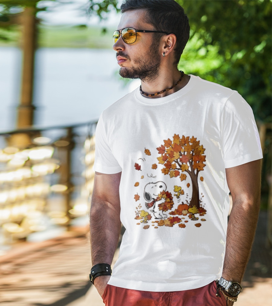 Snoopy Woodstock Autumn Leaves Pumpkin Fall Season Vibes T-Shirt