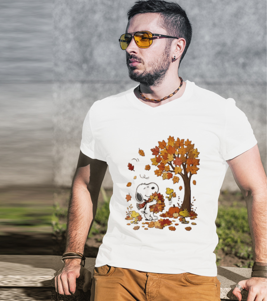 Snoopy Woodstock Autumn Leaves Pumpkin Fall Season Vibes T-Shirt