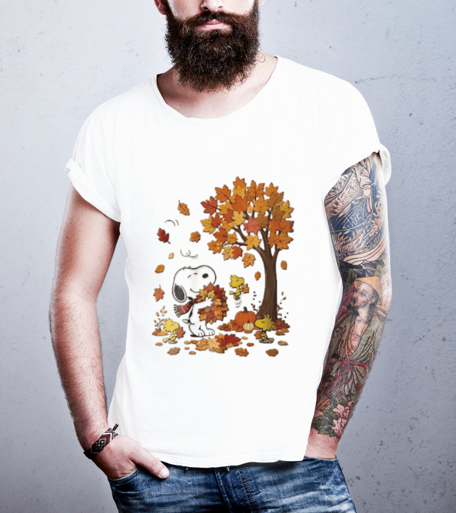 Snoopy Woodstock Autumn Leaves Pumpkin Fall Season Vibes T-Shirt