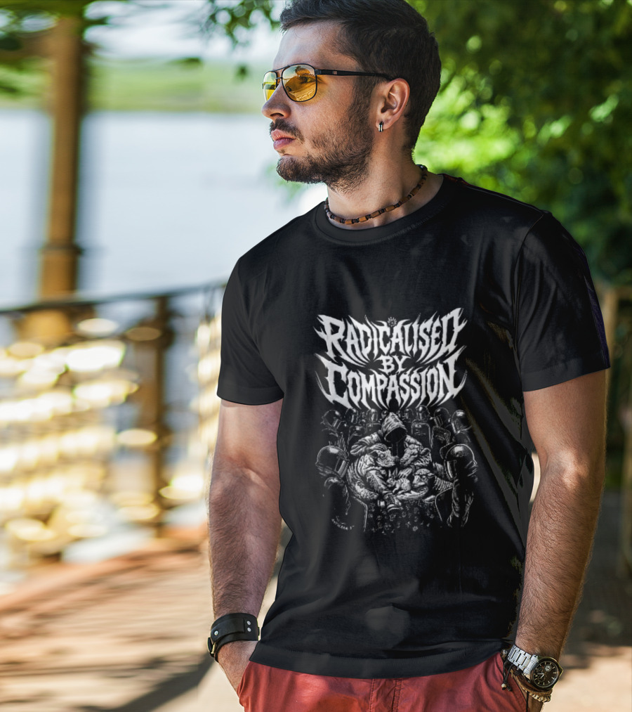 Radicalised By Compassion Hooded Figure Hugging Farm Animals Riot Police Line T-Shirt
