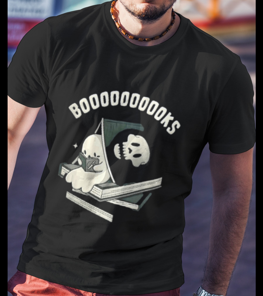 Boooooooooks Cartoon Ghost Reading Novel With Skeleton Specter T-Shirt