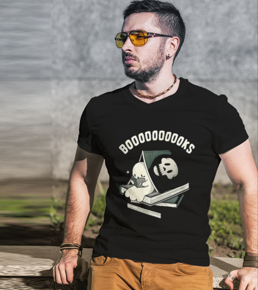 Boooooooooks Cartoon Ghost Reading Novel With Skeleton Specter T-Shirt
