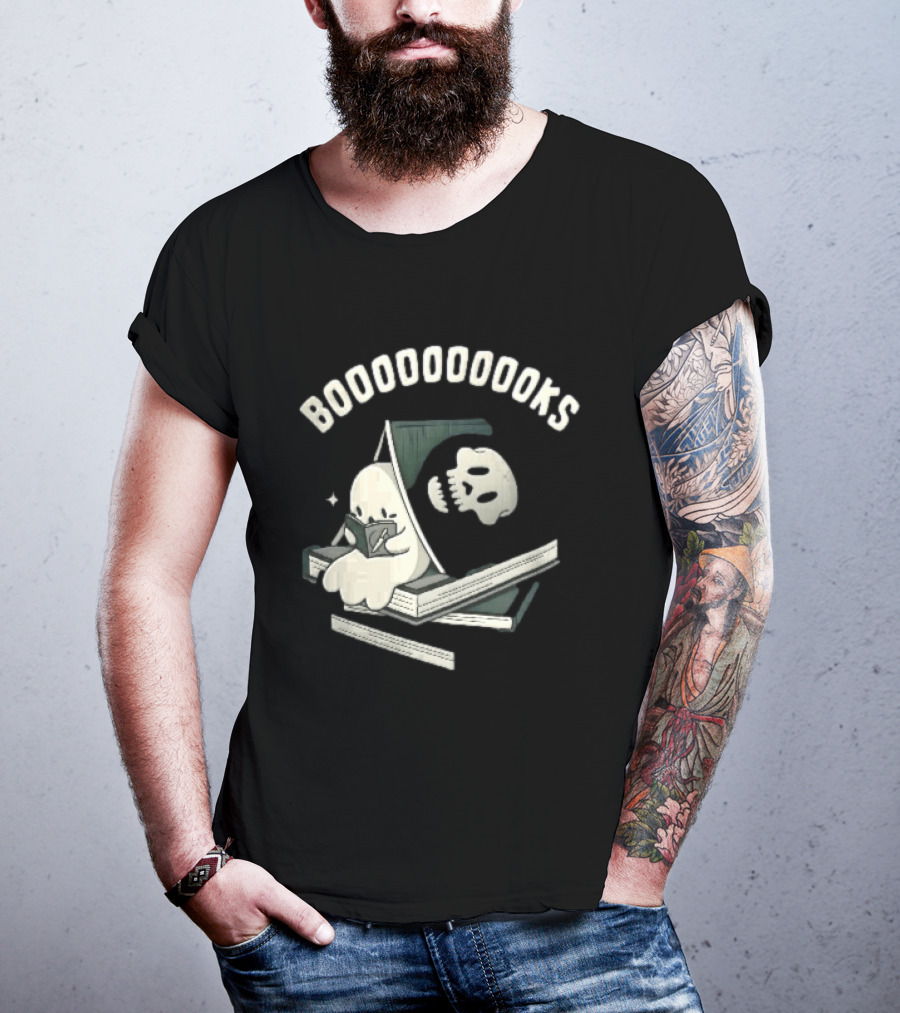 Boooooooooks Cartoon Ghost Reading Novel With Skeleton Specter T-Shirt