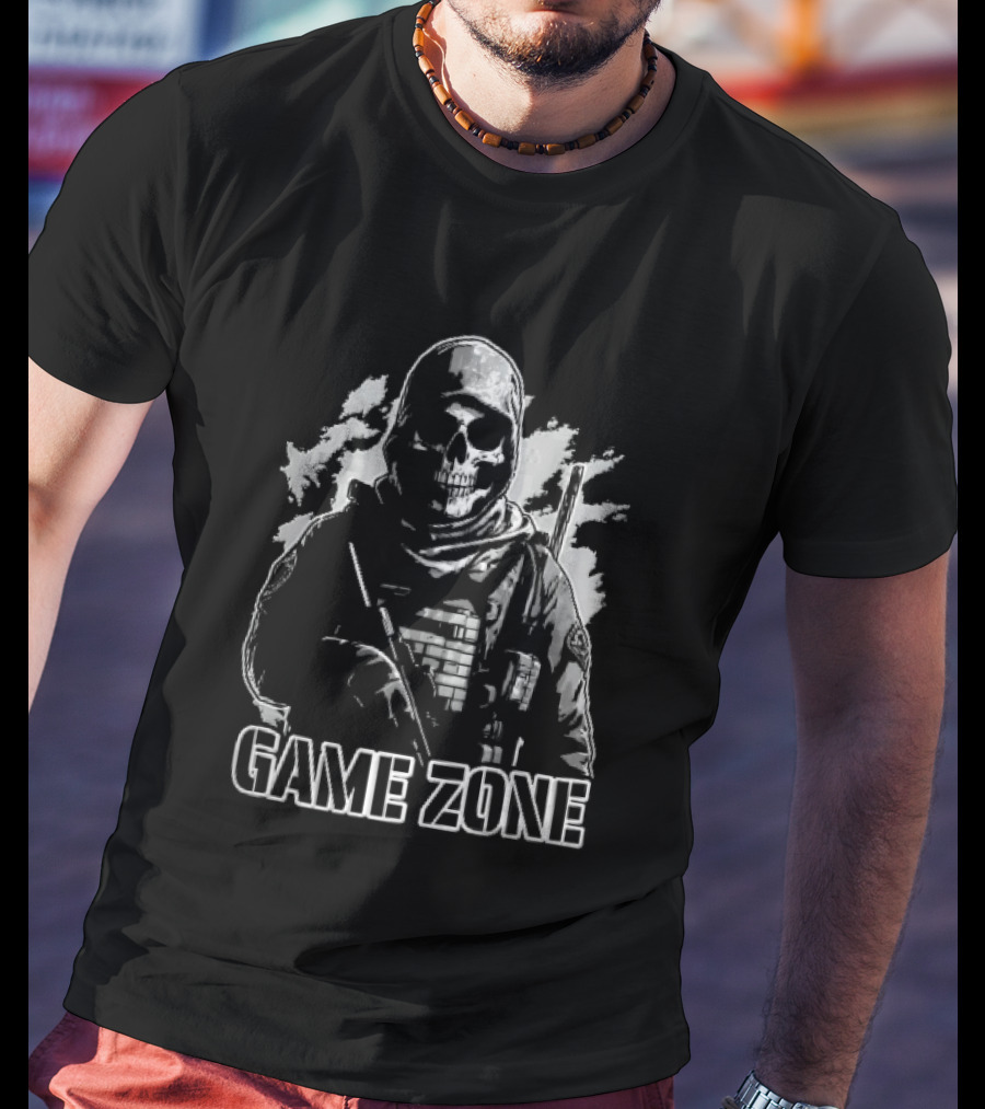 Game Zone Monochrome Skull Soldier Tactical Rifle Hooded T-Shirt