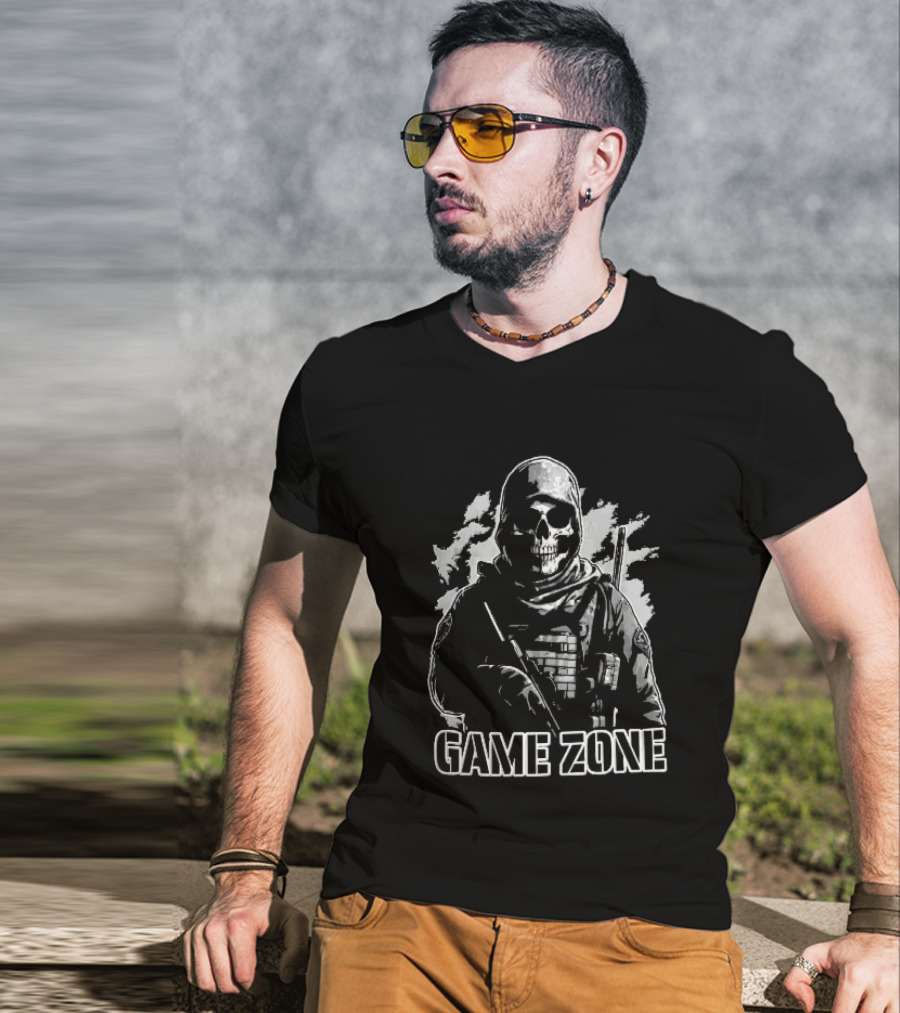 Game Zone Monochrome Skull Soldier Tactical Rifle Hooded T-Shirt