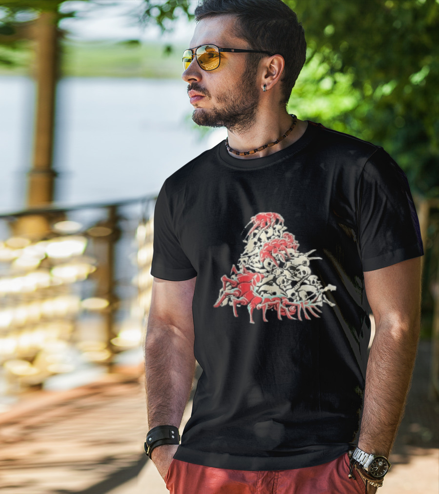 Giant Red Centipede Cyan Crawling Pile Of Skulls T-Shirt