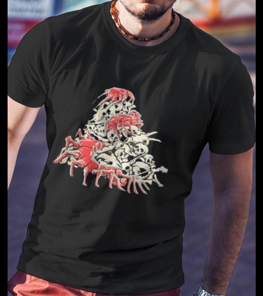 Giant Red Centipede Cyan Crawling Pile Of Skulls T-Shirt