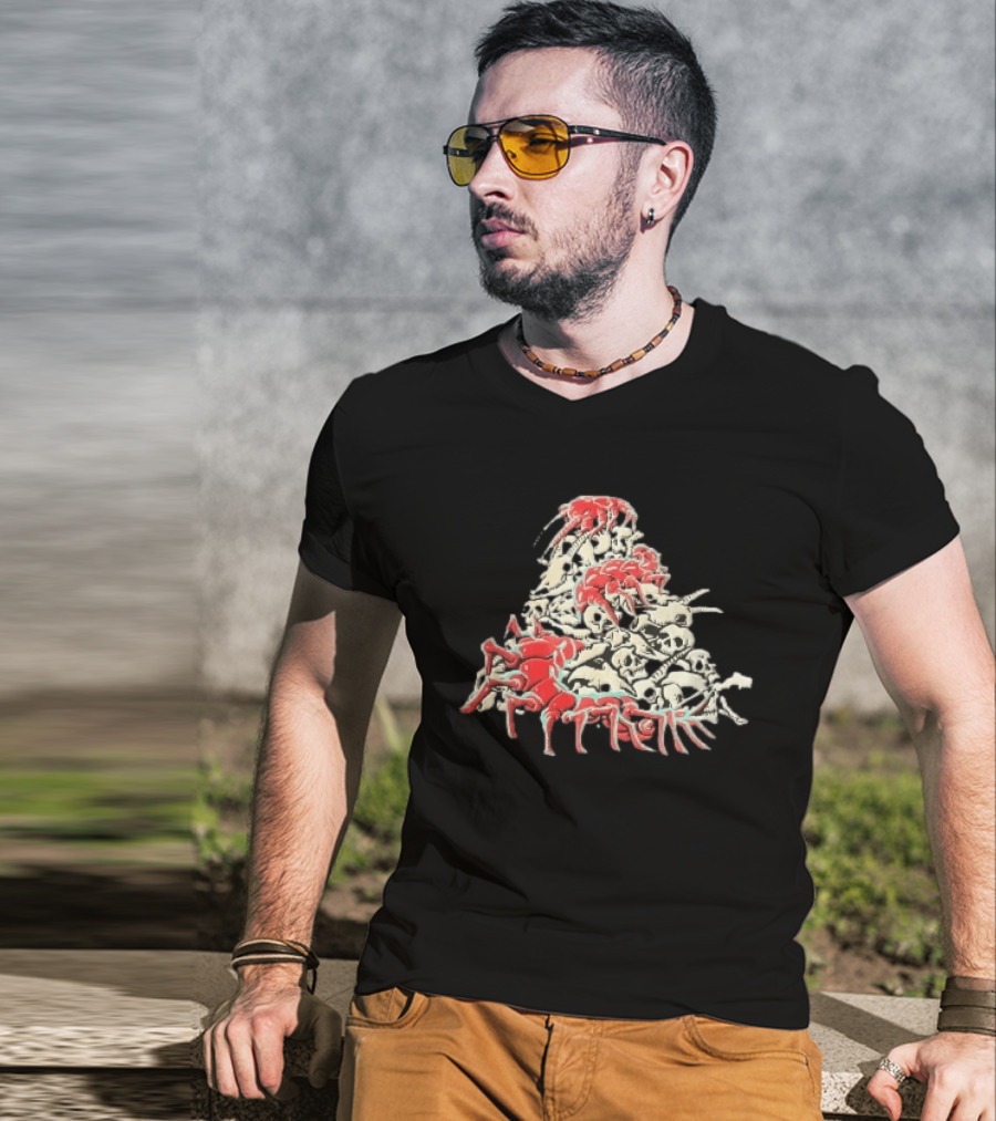 Giant Red Centipede Cyan Crawling Pile Of Skulls T-Shirt