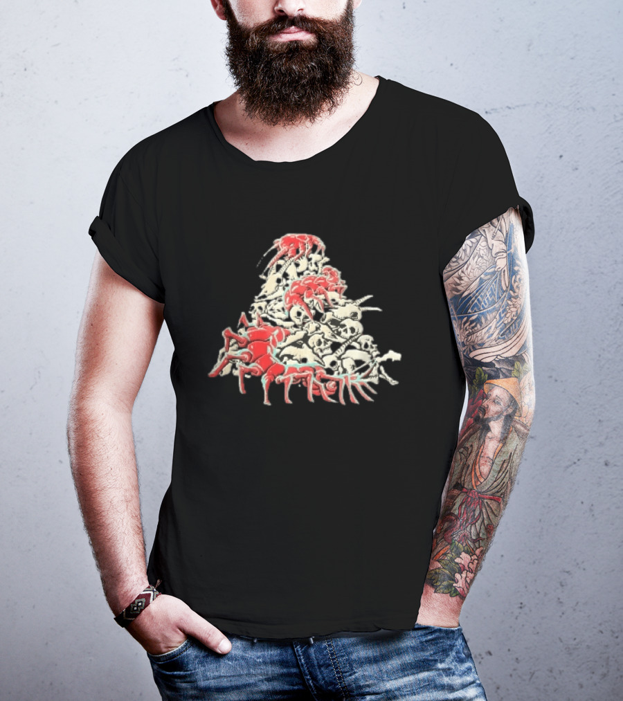Giant Red Centipede Cyan Crawling Pile Of Skulls T-Shirt