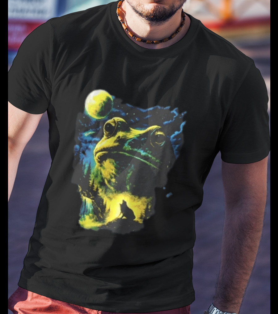 Giant Toad Glowing Moon Howling Waterfall Forest Mystic Scene T-Shirt