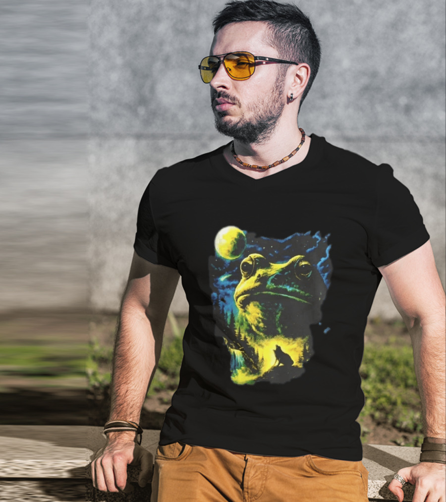Giant Toad Glowing Moon Howling Waterfall Forest Mystic Scene T-Shirt