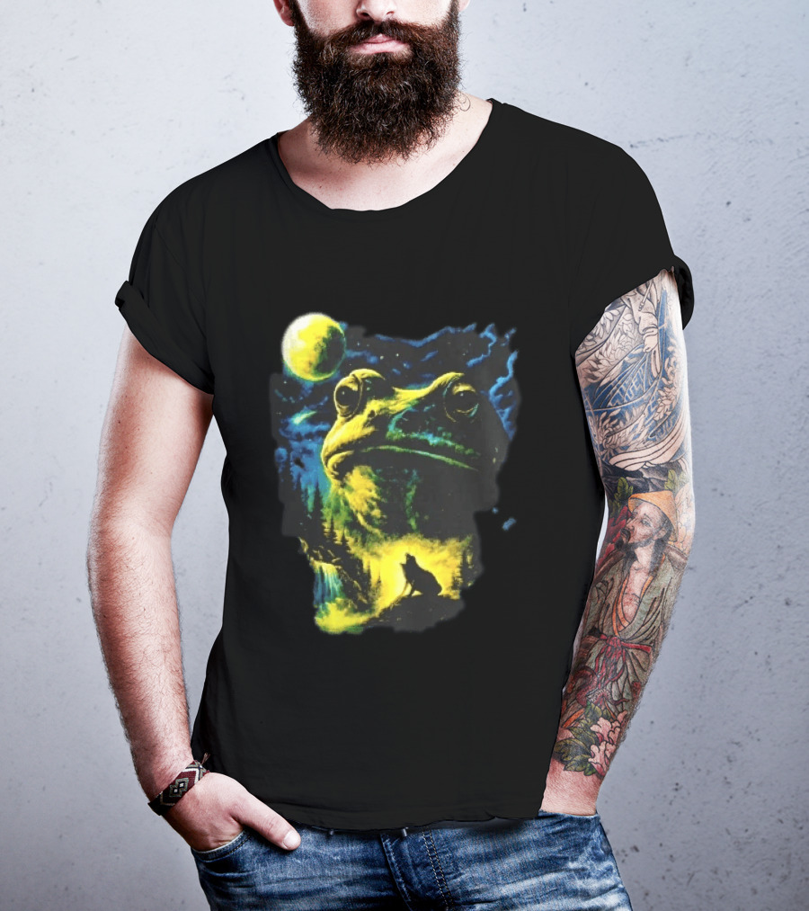 Giant Toad Glowing Moon Howling Waterfall Forest Mystic Scene T-Shirt