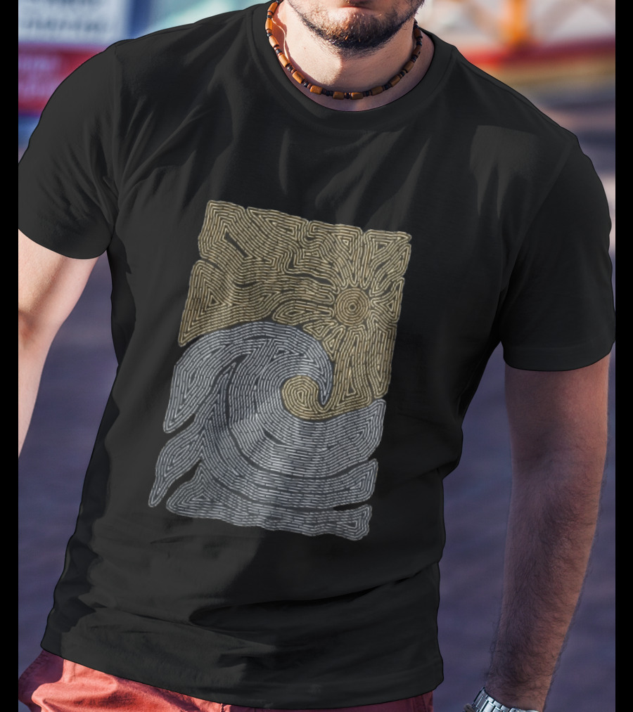 Golden Sun Over Crashing Blue Ocean Wave Line Maze T-Shirt