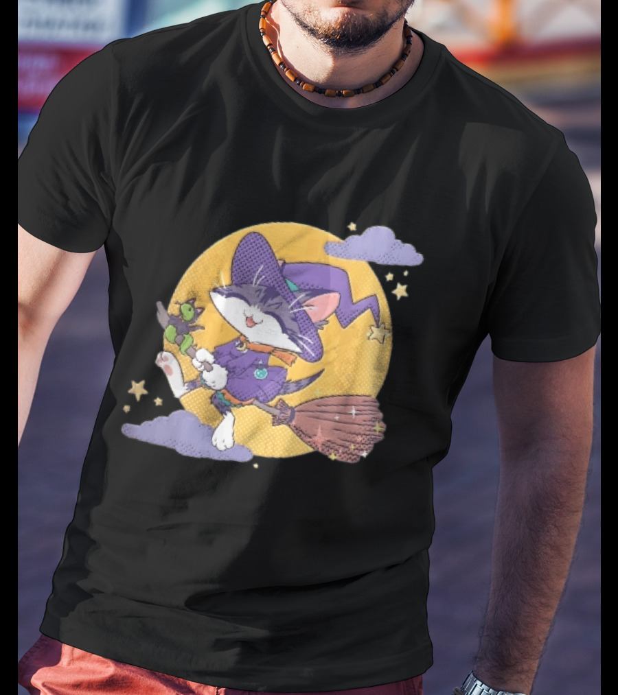 Halftone Cartoon Cat Witch Flying On Broomstick With Moon And Stars T-Shirt