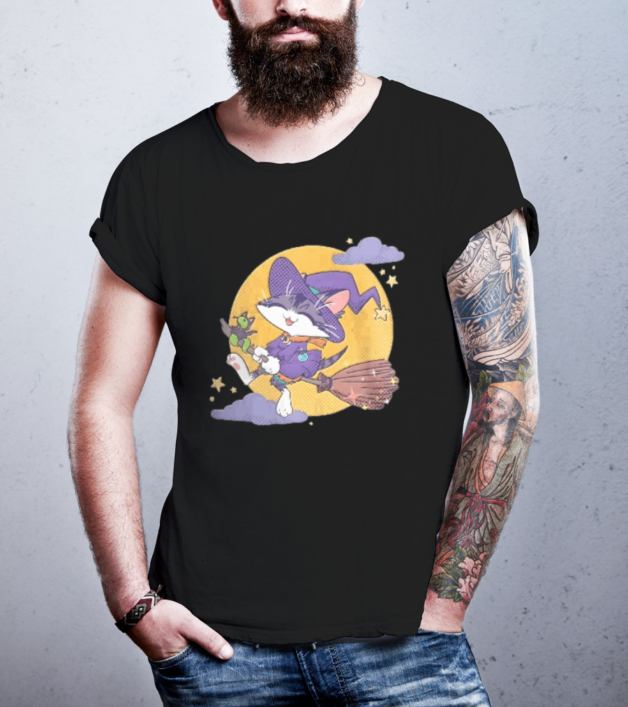 Halftone Cartoon Cat Witch Flying On Broomstick With Moon And Stars T-Shirt