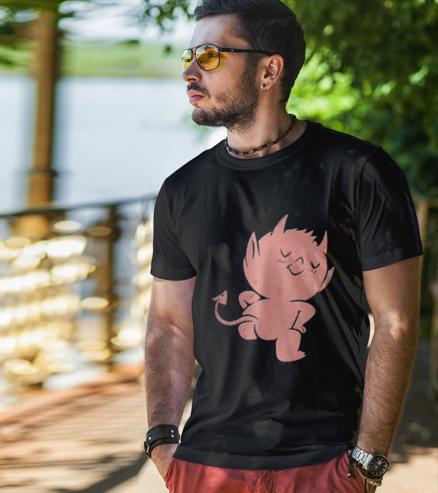 Mischievous Little Red Devil Cartoon Mooning With Distressed Texture T-Shirt