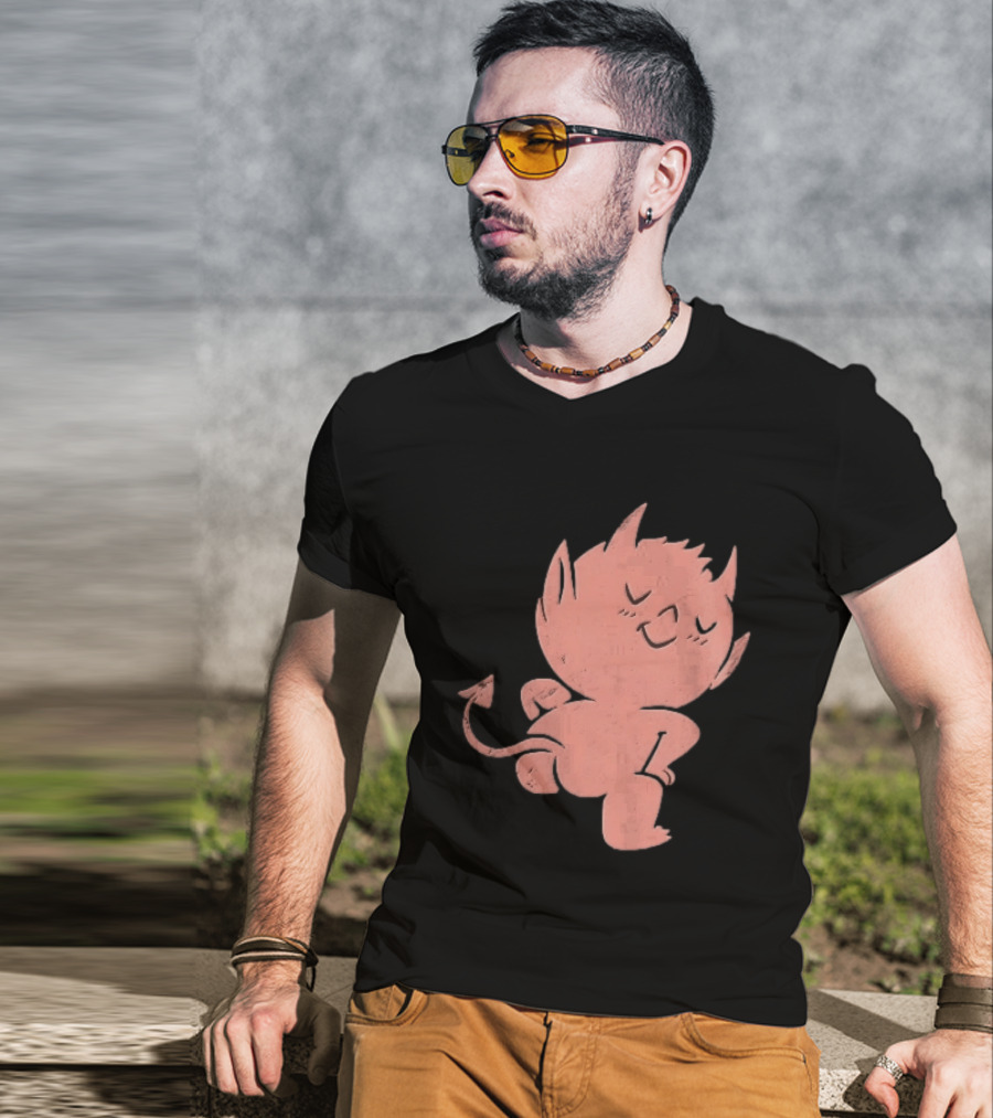 Mischievous Little Red Devil Cartoon Mooning With Distressed Texture T-Shirt