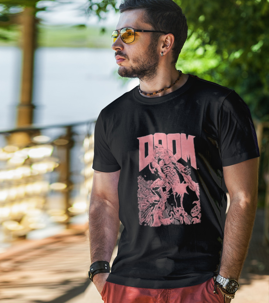 Doom Space Marine Battling Hell Demons Pink Sketch T-Shirt