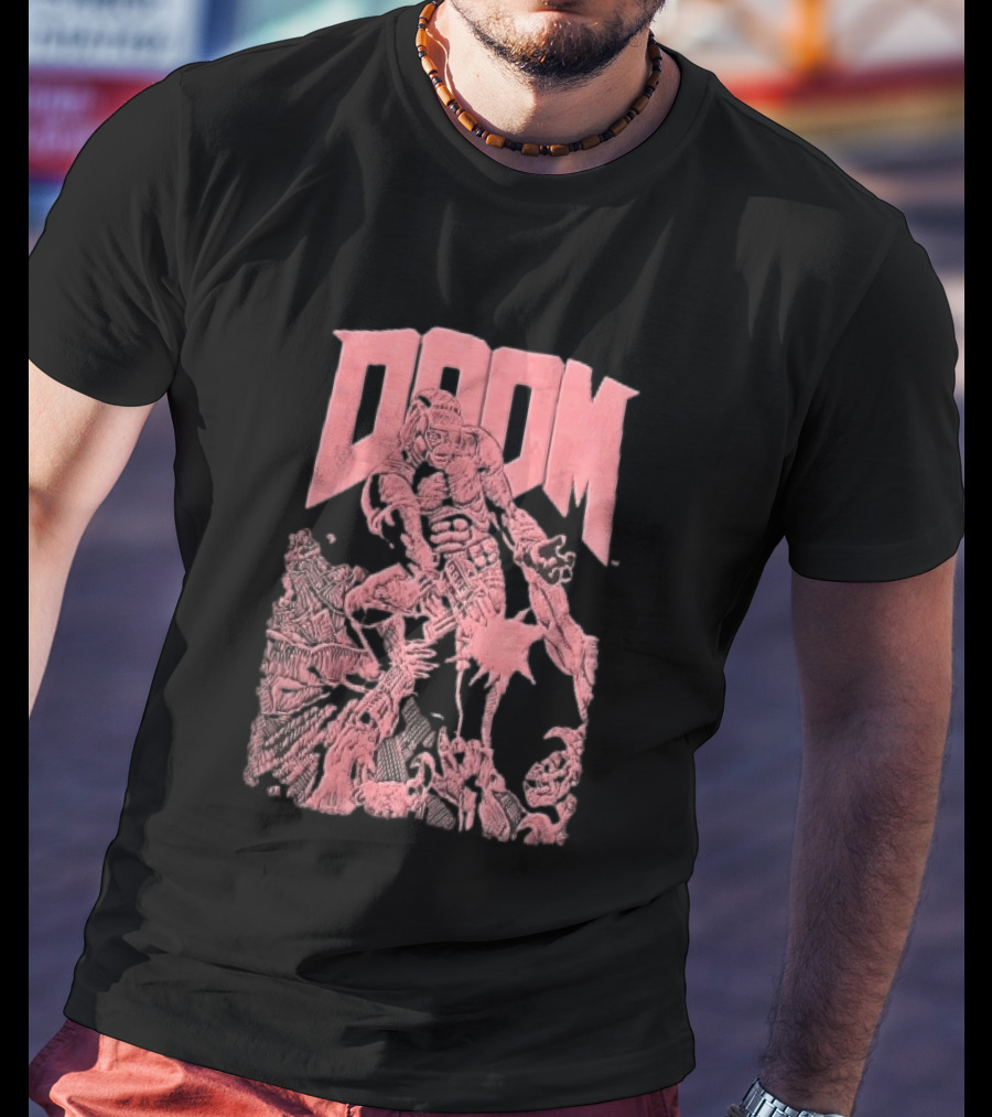 Doom Space Marine Battling Hell Demons Pink Sketch T-Shirt