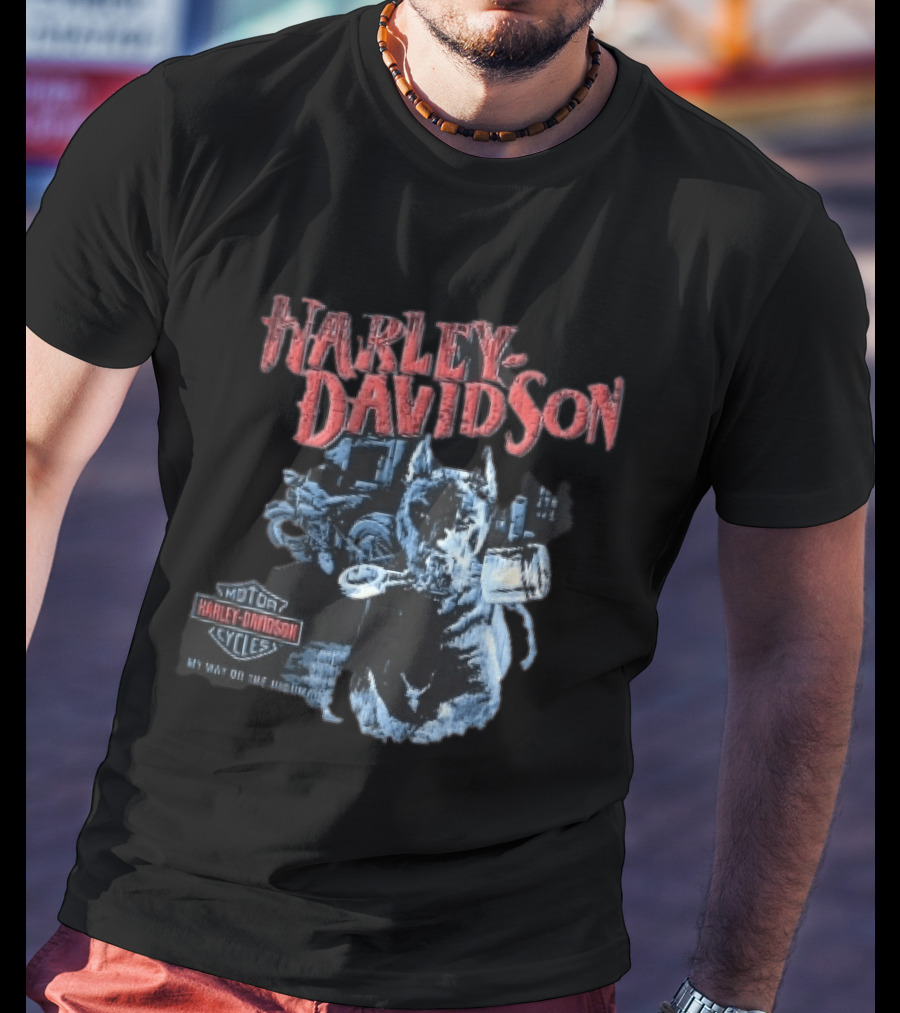 Harley Davidson My Way Or The Highway Dog Holding Piston Cycles T-Shirt