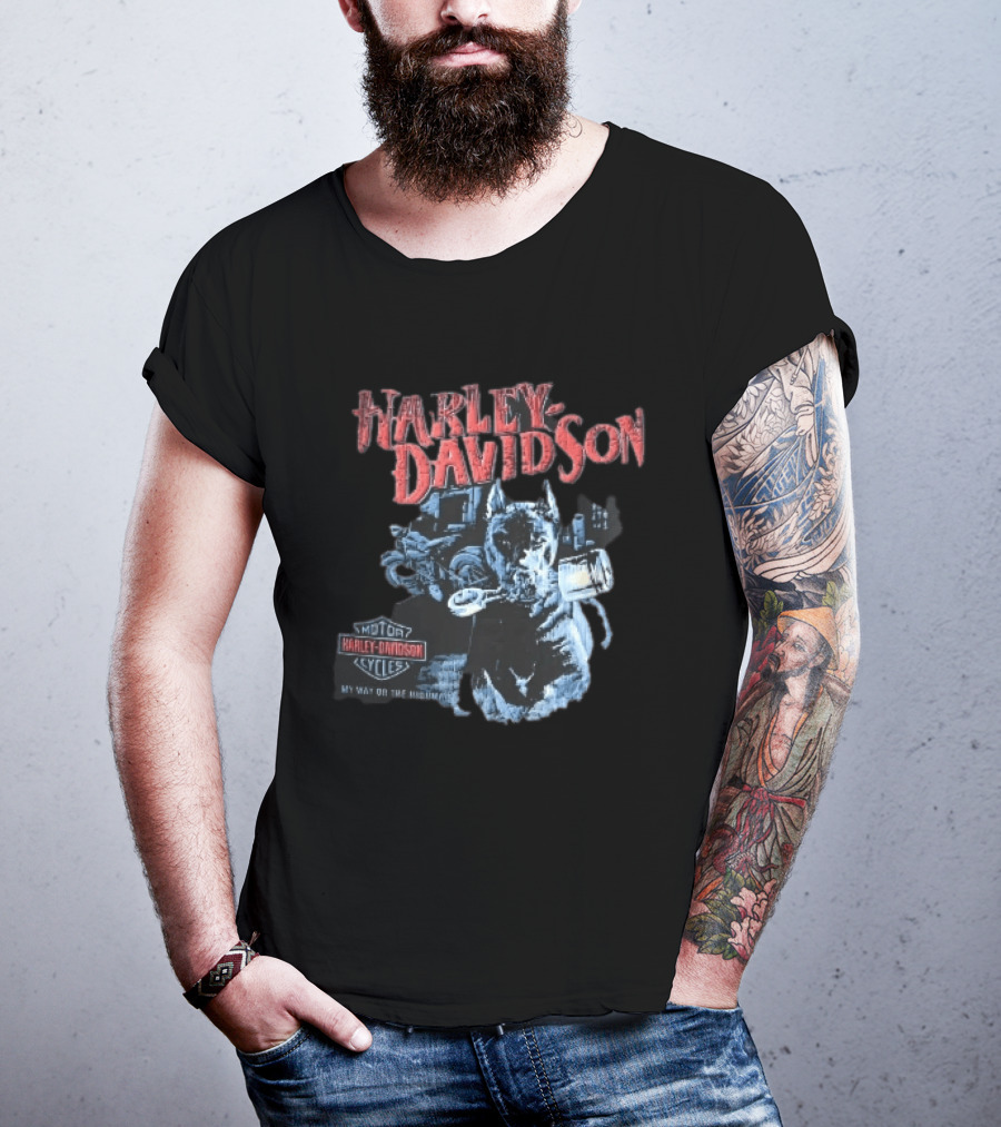 Harley Davidson My Way Or The Highway Dog Holding Piston Cycles T-Shirt