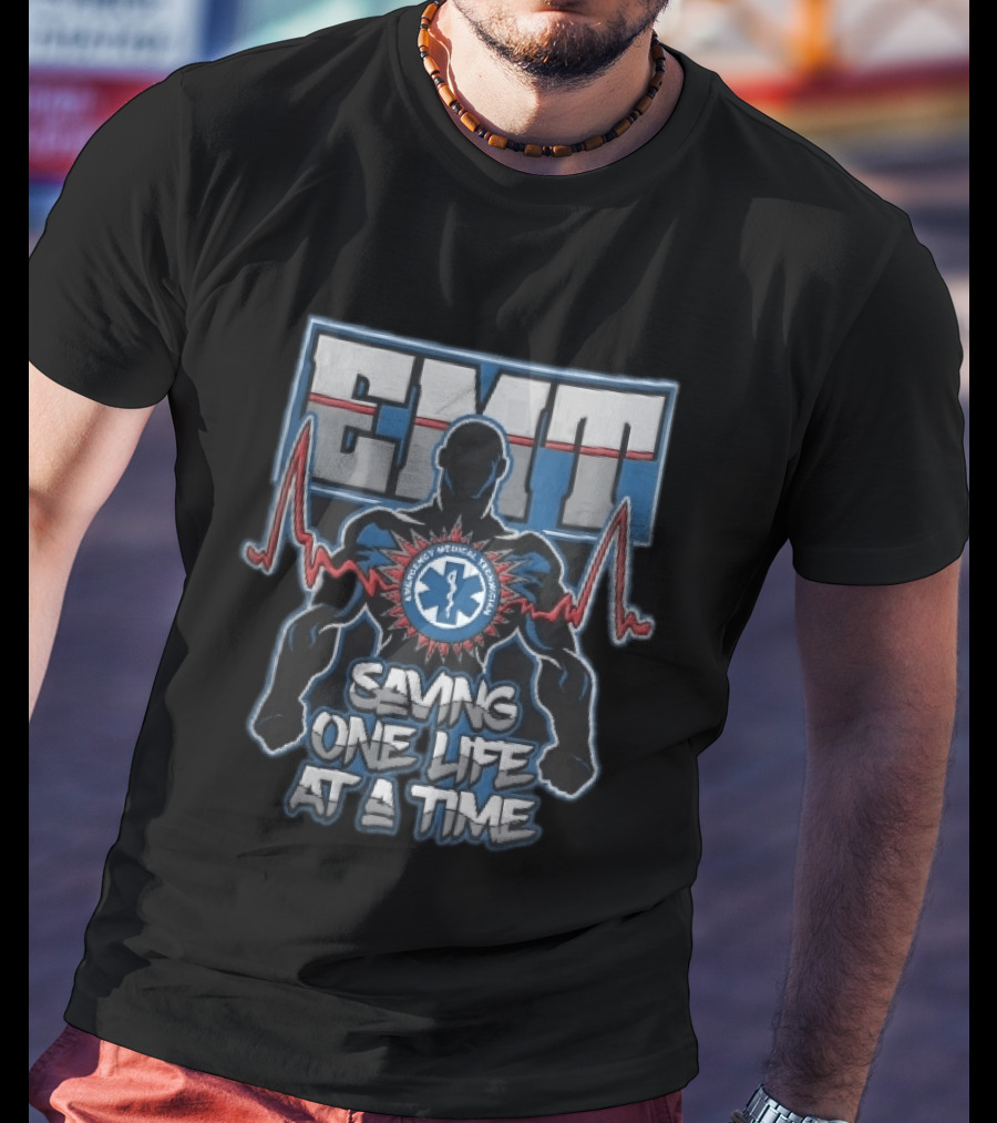 EMT Emergency Medical Technician Saving One Life At A Time With Muscular Silhouette And EKG Pulse T-Shirt