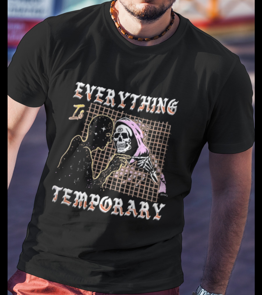 Everything Is Temporary Cosmic Skeleton Touching Fingers Grid T-Shirt