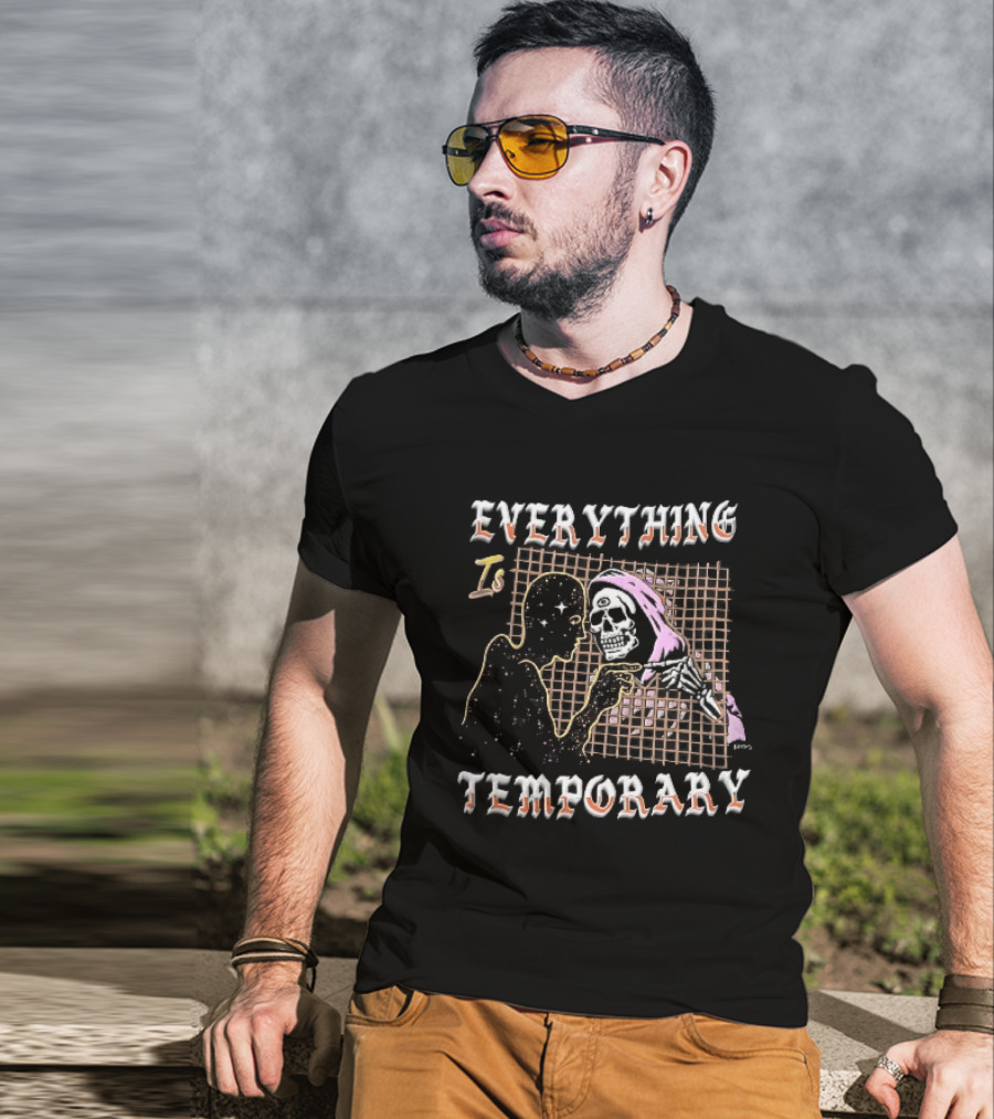 Everything Is Temporary Cosmic Skeleton Touching Fingers Grid T-Shirt