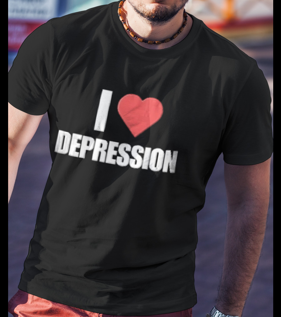I Heart Depression White Text Red Heart Shape T-Shirt