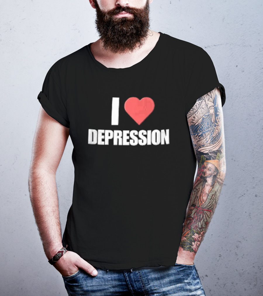 I Heart Depression White Text Red Heart Shape T-Shirt