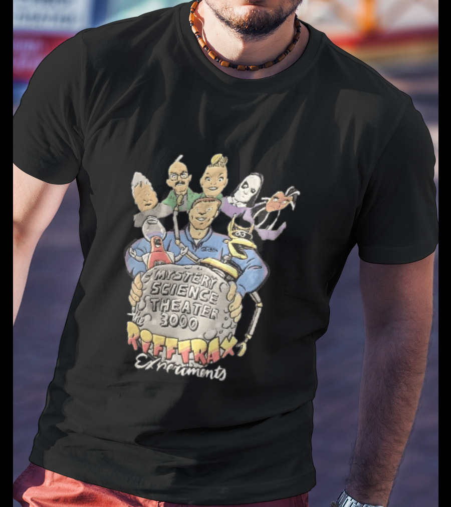 Mystery Science Theater 3000 Rifftrax Experiments Nelson Cartoon Caricature Host Robots Moon Rock T-Shirt