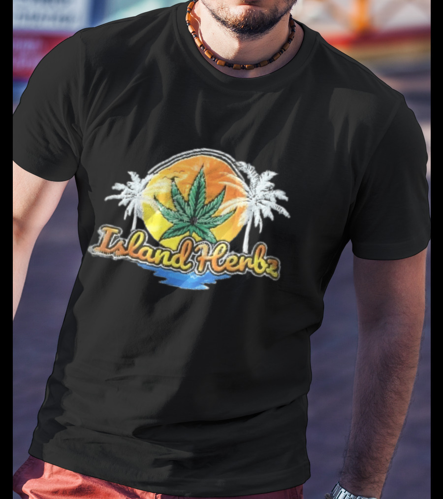 Island Herbz Cannabis Leaf Orange Sunset White Palm Trees T-Shirt