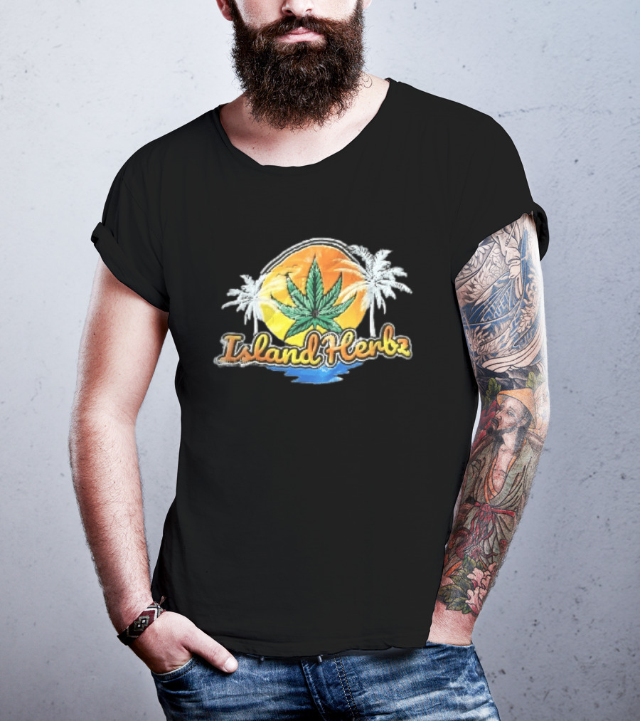 Island Herbz Cannabis Leaf Orange Sunset White Palm Trees T-Shirt