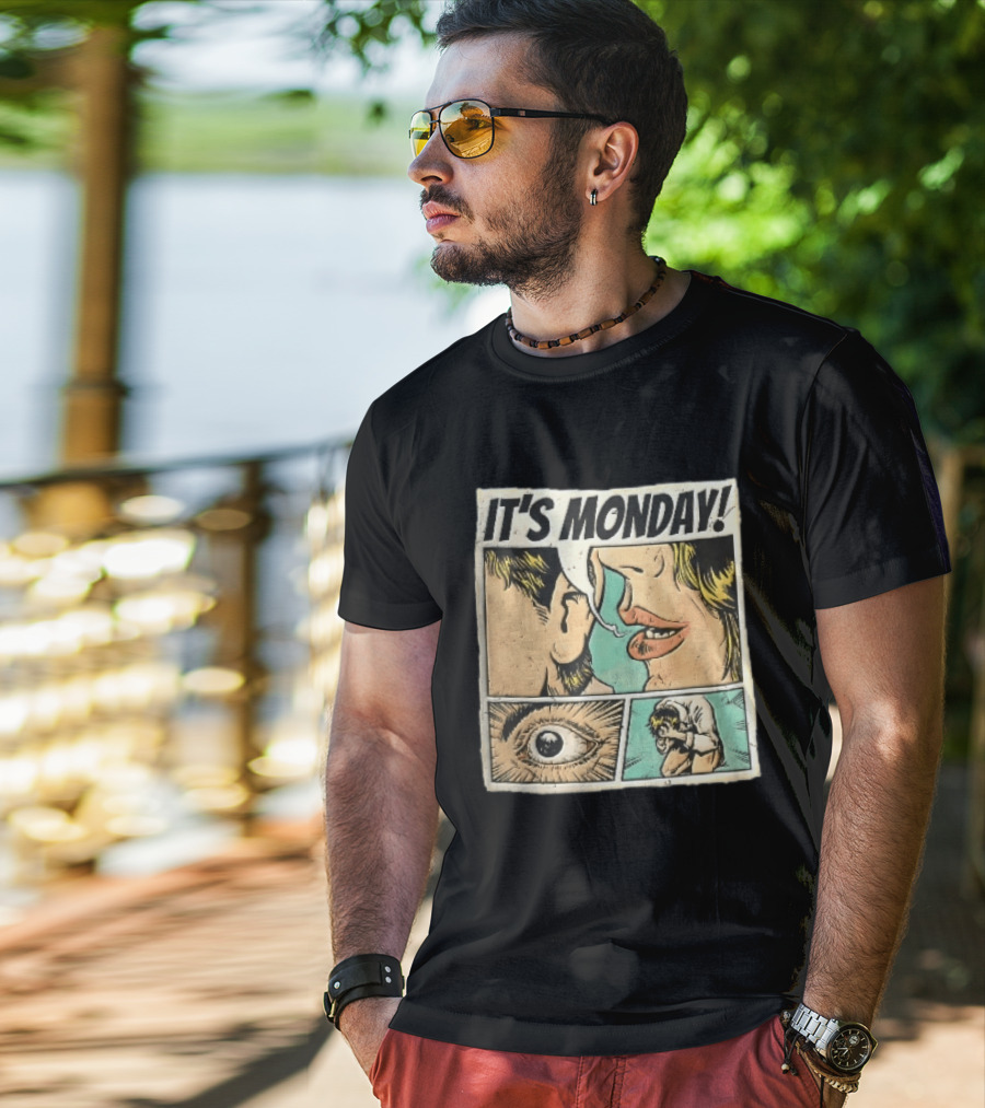 Its Monday Comic Strip Pop Art Woman Whispering Man Crying Vintage Halftone T-Shirt