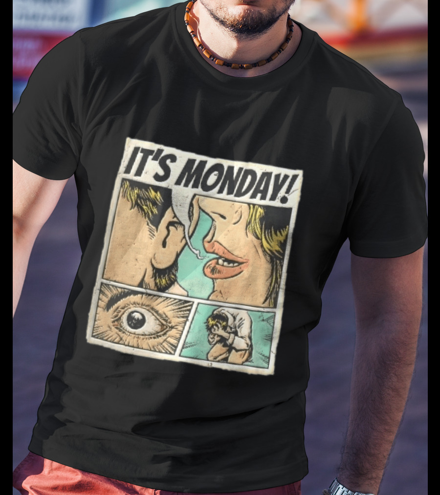 Its Monday Comic Strip Pop Art Woman Whispering Man Crying Vintage Halftone T-Shirt