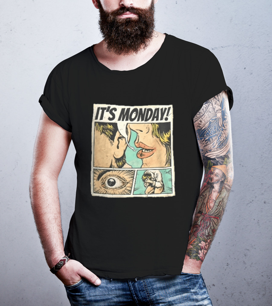 Its Monday Comic Strip Pop Art Woman Whispering Man Crying Vintage Halftone T-Shirt