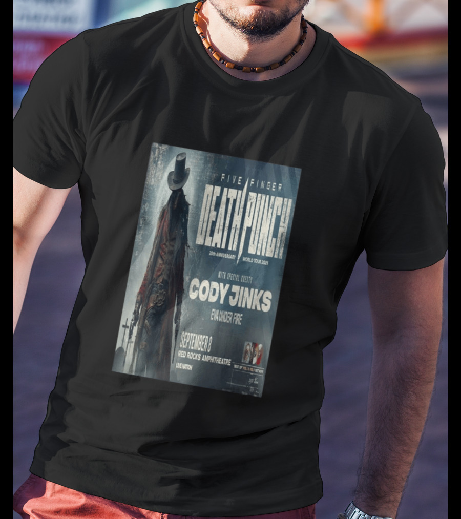 Five Finger Death Punch 20th Anniversary World Tour 2026 Red Rocks Amphitheatre September 8 Cody Jinks Eva Under Fire T-Shirt
