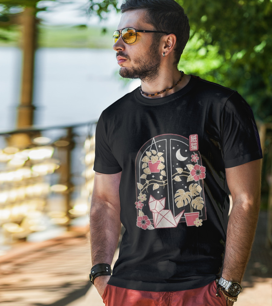 Kami Neko Origami Cat Crescent Moon Japanese Garden Scene T-Shirt