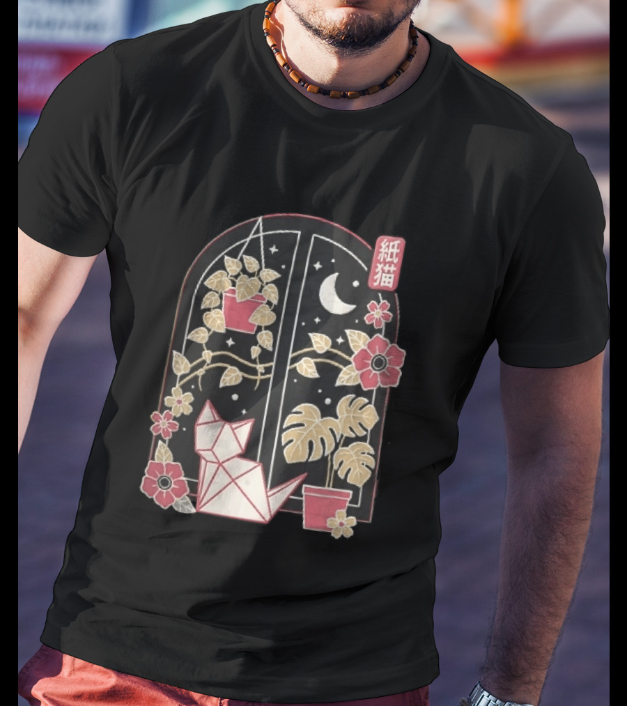 Kami Neko Origami Cat Crescent Moon Japanese Garden Scene T-Shirt