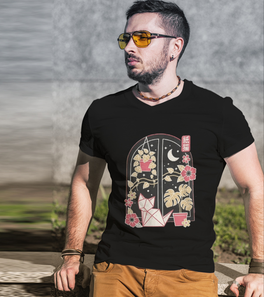Kami Neko Origami Cat Crescent Moon Japanese Garden Scene T-Shirt