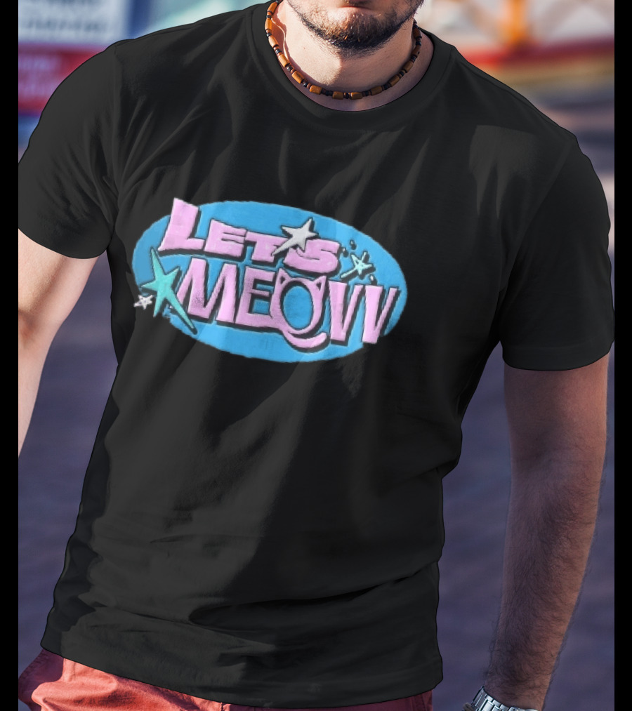 Lets Meovv Cat Ears Pink Distressed Glitter Stars Blue Oval T-Shirt